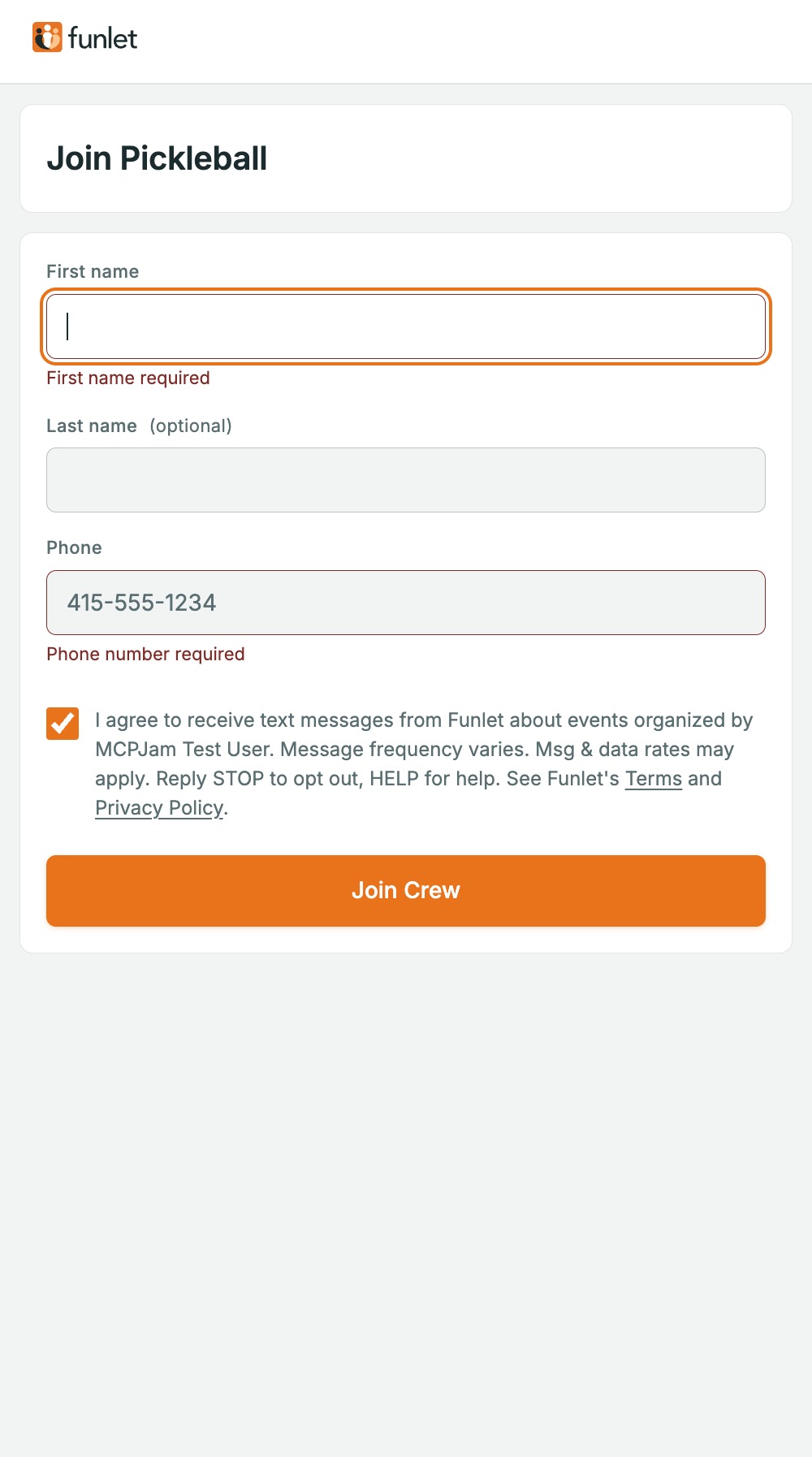 Empty-field errors — built page